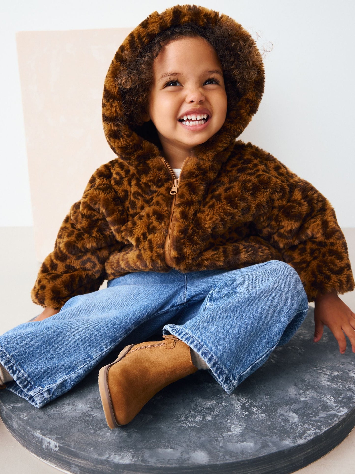 Brown Leopard Animal Print Faux Fur Zip Through Jacket (3mths-7yrs)