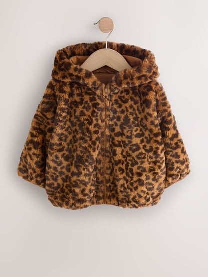 Brown Leopard Animal Print Faux Fur Zip Through Jacket (3mths-7yrs)