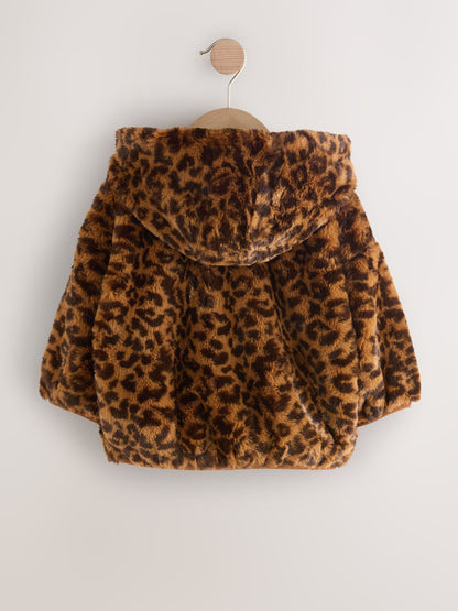 Brown Leopard Animal Print Faux Fur Zip Through Jacket (3mths-7yrs)