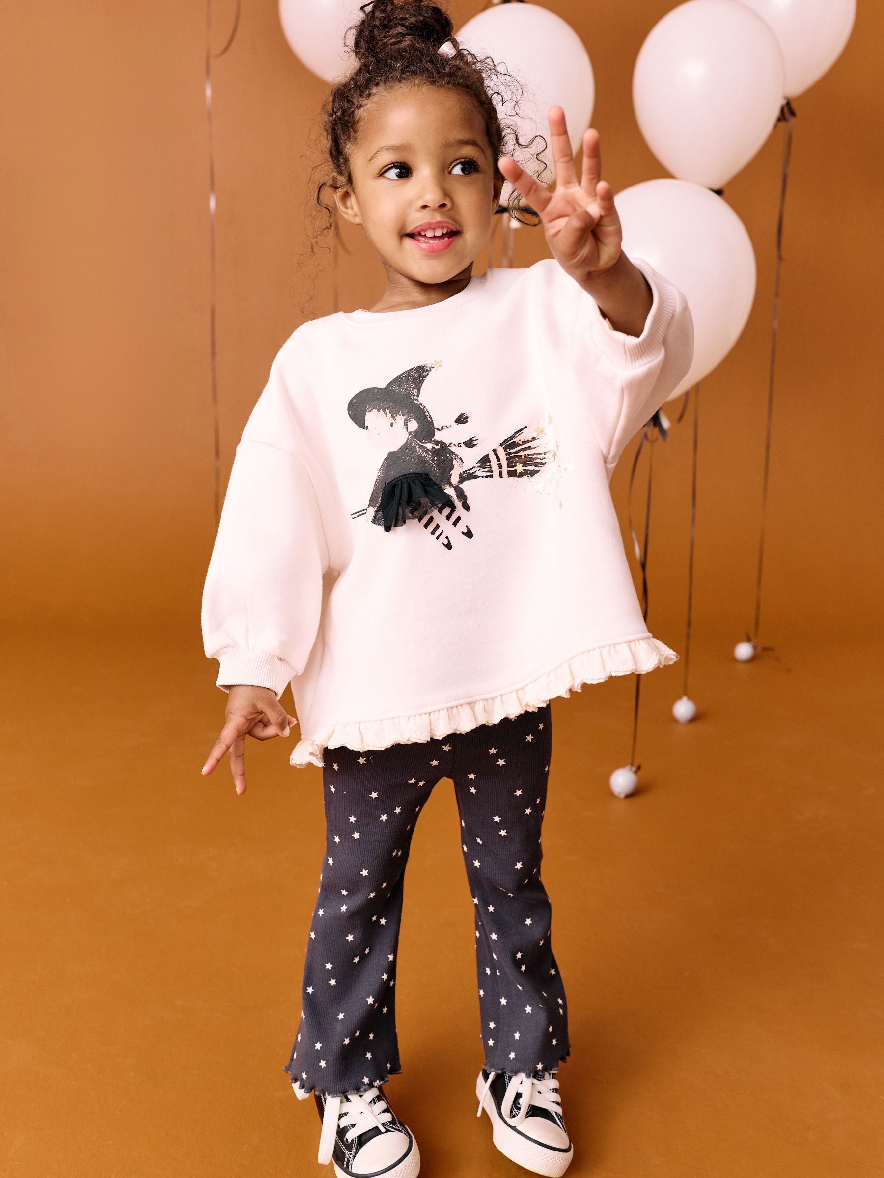 Cream Halloween Witch Frill Hem Sweatshirt & Flare Leggings Set (3mths-7yrs) image 1