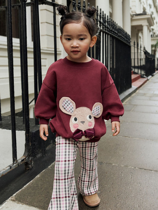 Burgundy Red Check Mouse Sweatshirt and Flare Leggings Set (3mths-7yrs) image 1