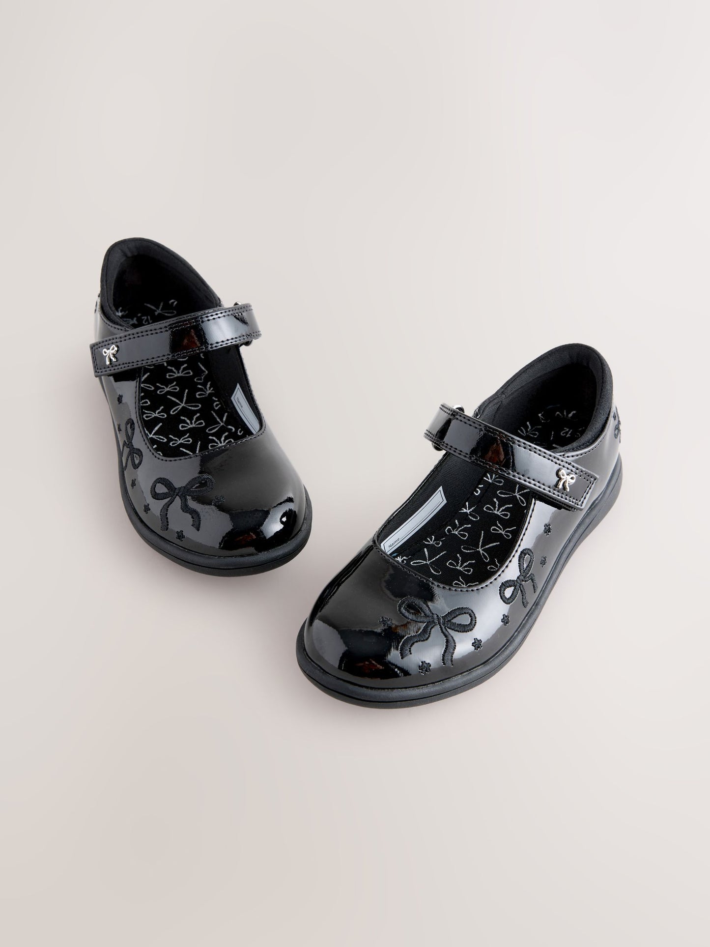 Black Patent Standard Fit (F) Embroidery Bow Mary Jane School Shoes image 1