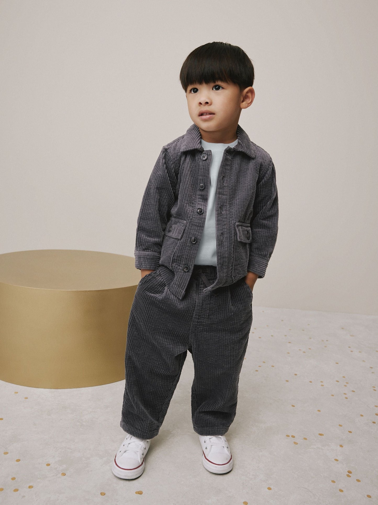 Charcoal Grey Textured Corduroy Shacket T-Shirt & Trousers Set (3mths-7yrs) image 1