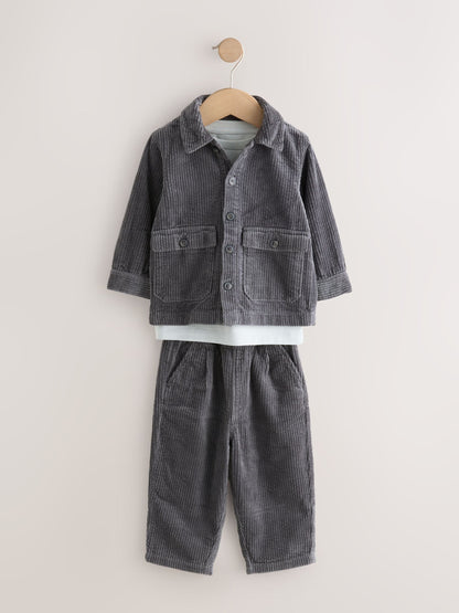 Charcoal Grey Textured Corduroy Shacket T-Shirt & Trousers Set (3mths-7yrs) image 7