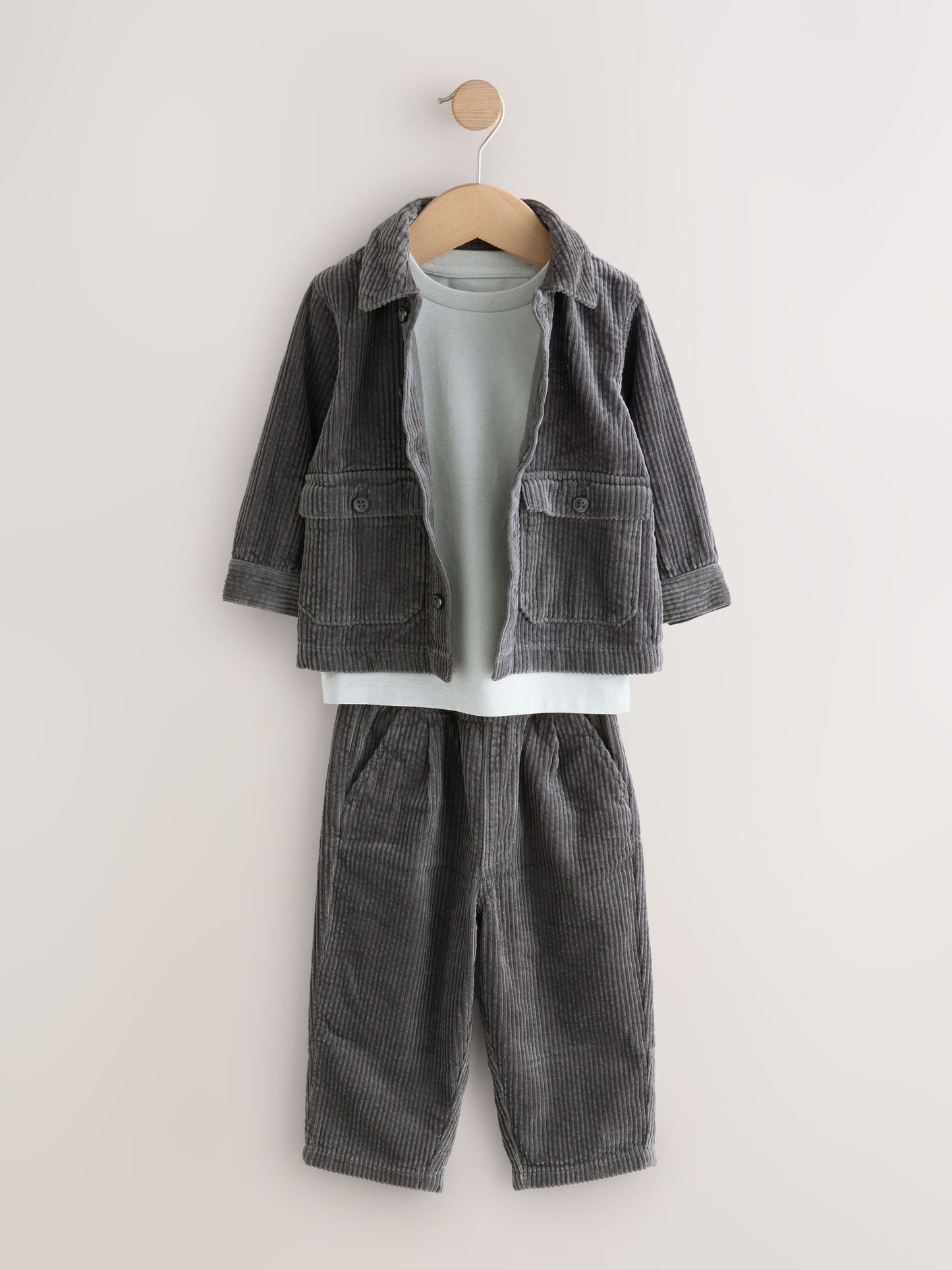 Charcoal Grey Textured Corduroy Shacket T-Shirt & Trousers Set (3mths-7yrs) image 8