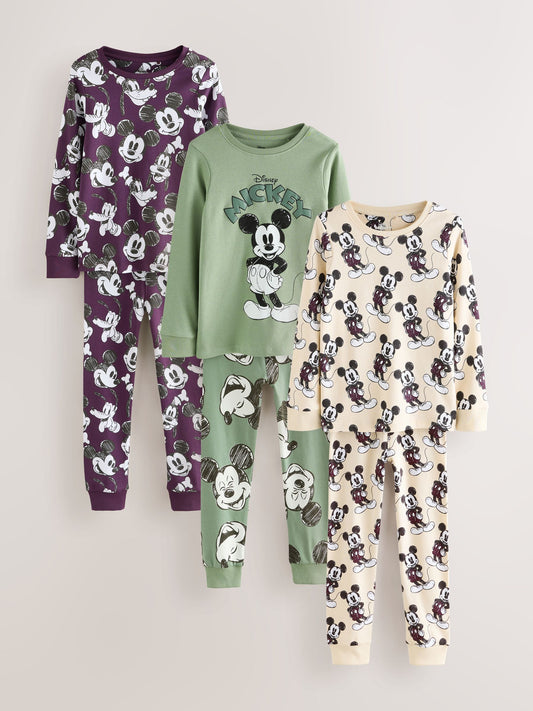 Green/Ecru Mickey Mouse Snuggle Pyjamas 3 Pack (9mths-10yrs) image 3