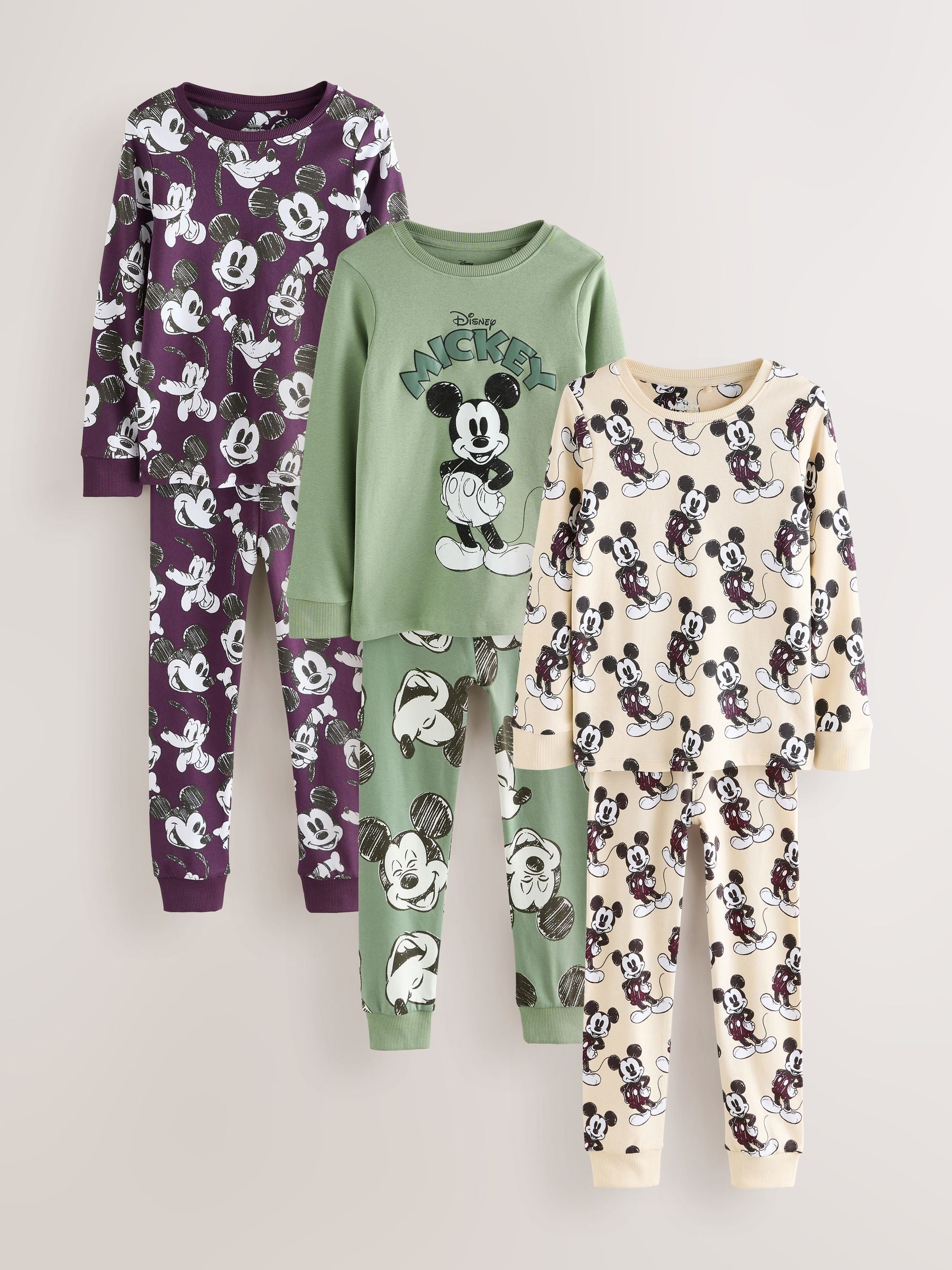 Dsiney Kidz - Green/Ecru Mickey Mouse Snuggle Pyjamas 3 Pack (9mths-10yrs) image 2