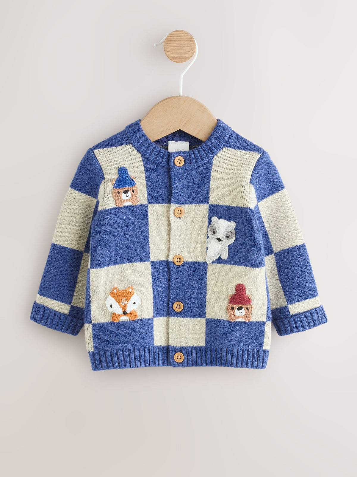 Blue Checkerboard Embroidered Character Baby Knitted Cardigan (0mths-2yrs) - image 1