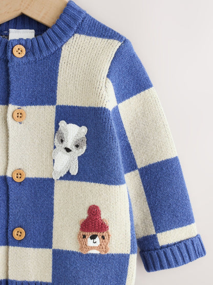Blue Checkerboard Embroidered Character Baby Knitted Cardigan (0mths-2yrs) - image 3