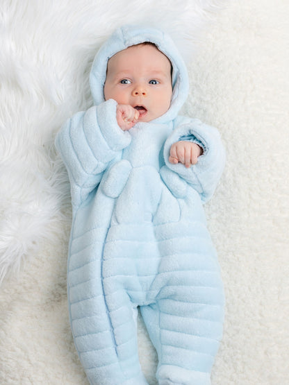 Emile Et Rose Blue Deep Pile Fleece Pramsuit With 3d Teddy image 1