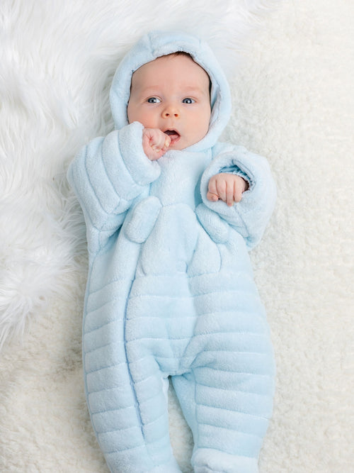 Emile Et Rose Blue Deep Pile Fleece Pramsuit With 3d Teddy image 1