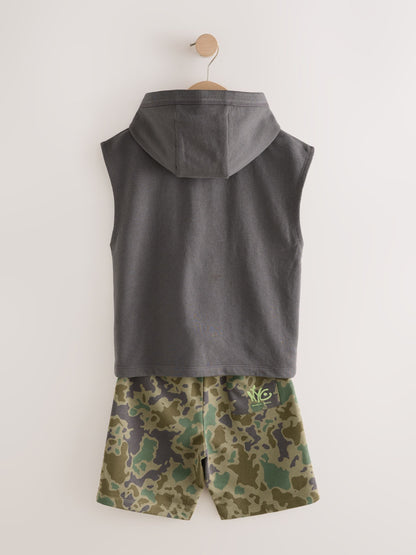 Camouflage Sleeveless Hoodie And Short Graphic Set