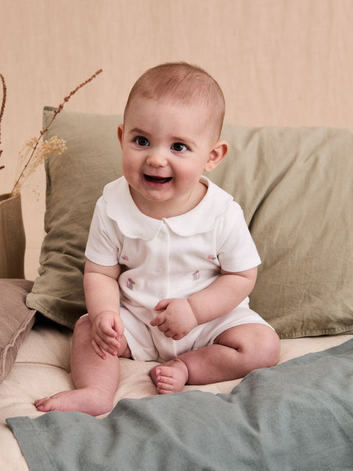 JoJo Maman Bébé White Cotton Short Sleeve Bunny Embroidered Sleepsuit image 1