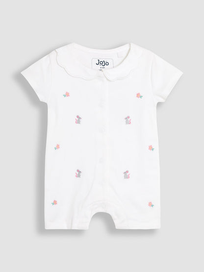 JoJo Maman Bébé White Cotton Short Sleeve Bunny Embroidered Sleepsuit image 4