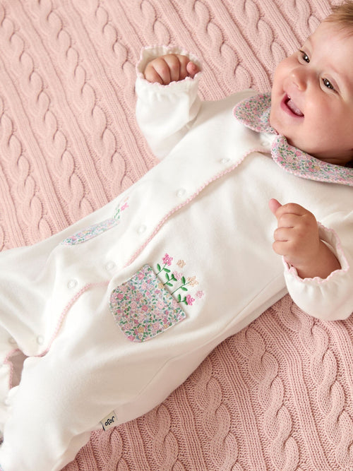 JoJo Maman Bébé Cream Cotton Footed Collar Embroidered Sleepsuit image 1