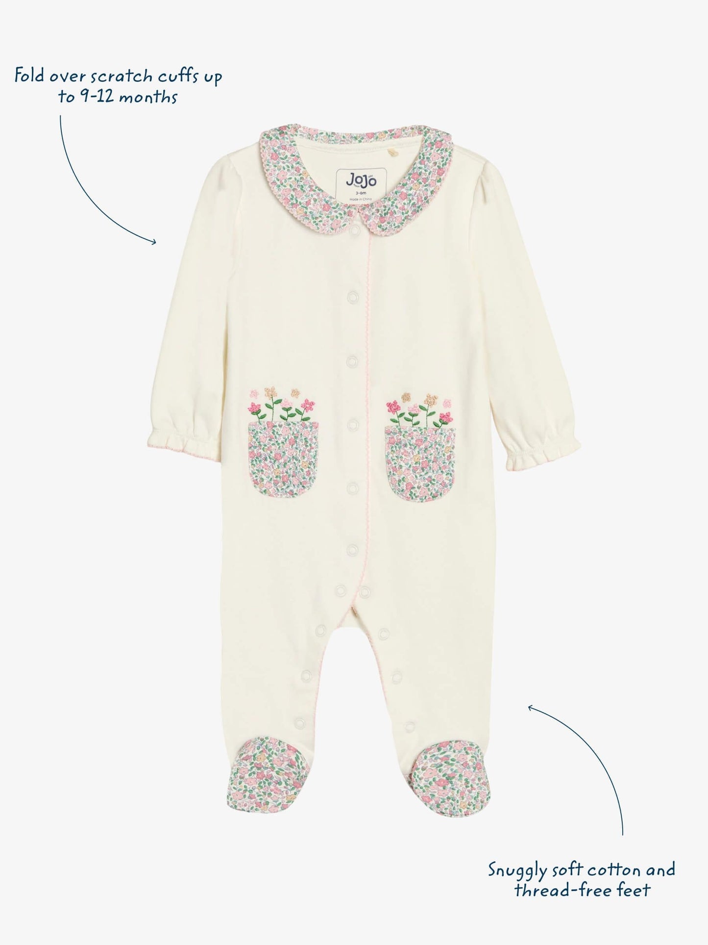 JoJo Maman Bébé Cream Cotton Footed Collar Embroidered Sleepsuit image 4