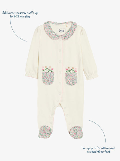 JoJo Maman Bébé Cream Cotton Footed Collar Embroidered Sleepsuit image 4