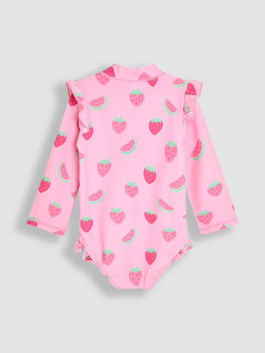 JoJo Maman Bébé Pink Strawberry Long Sleeve Sunsafe Swimsuit image 2