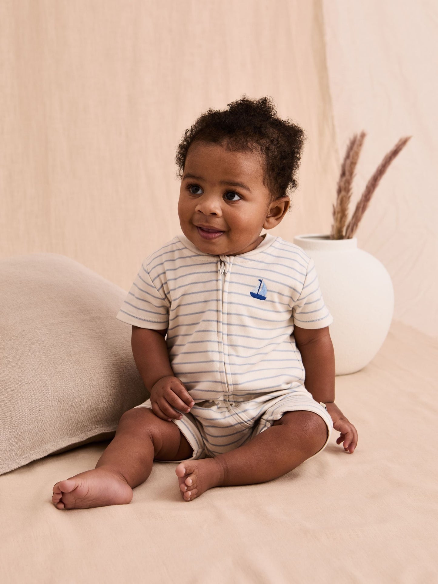 JoJo Maman Bébé Off White Cotton Short Sleeve Boat Sleepsuit image 1