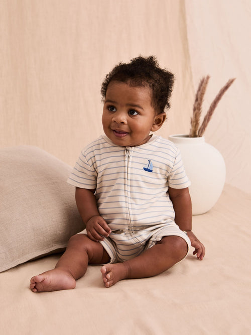 JoJo Maman Bébé Off White Cotton Short Sleeve Boat Sleepsuit image 1
