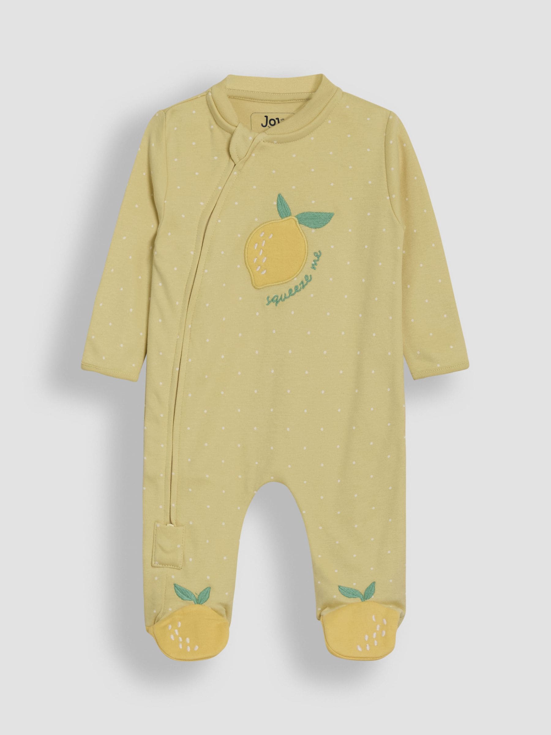 JoJo Maman Bébé Yellow Lemon Cotton Footed Appliqué Zip Sleepsuit image 1
