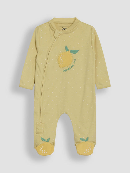 JoJo Maman Bébé Yellow Lemon Cotton Footed Appliqué Zip Sleepsuit image 1