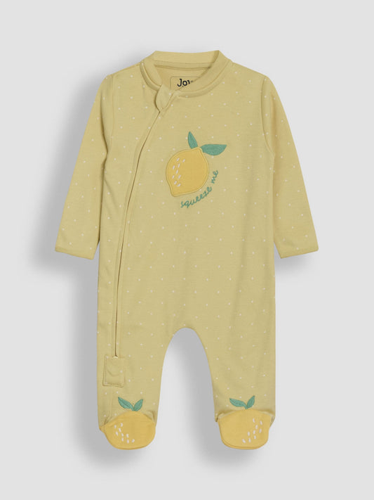 JoJo Maman Bébé Yellow Lemon Cotton Footed Appliqué Zip Sleepsuit image 1
