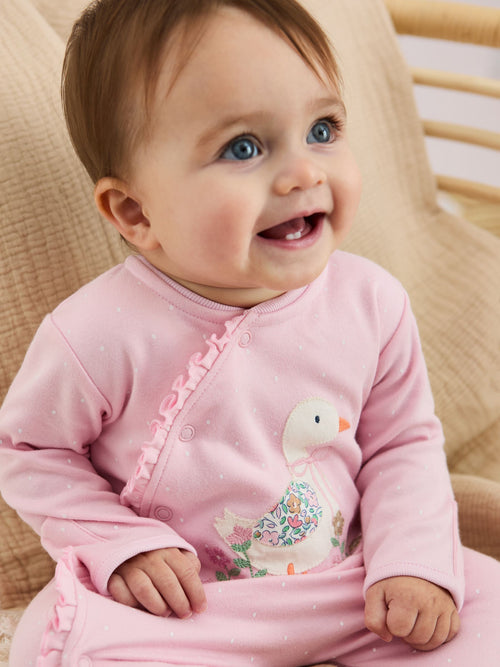 JoJo Maman Bébé Pink Duck 100% Cotton Footed Appliqué Sleepsuit image 1
