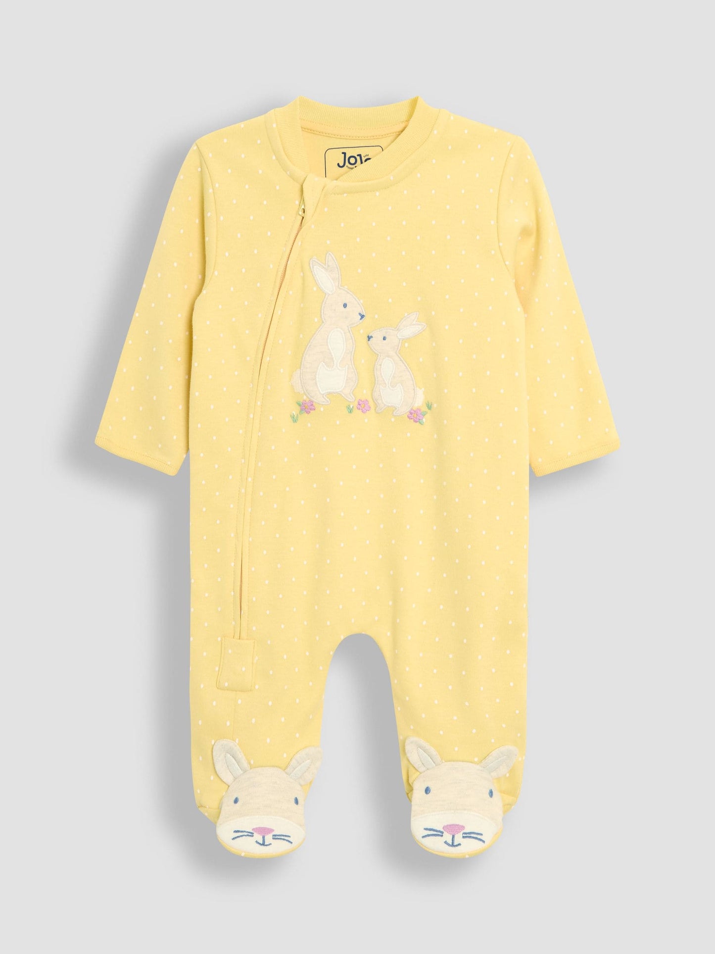 JoJo Maman Bébé Yellow Bunny Cotton Footed Stripe Appliqué Zip Sleepsuit image 1