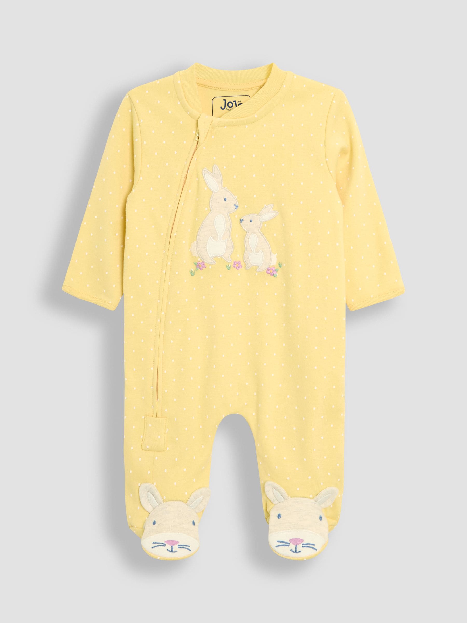 JoJo Maman Bébé Yellow Bunny Cotton Footed Stripe Appliqué Zip Sleepsuit image 1