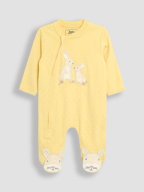 JoJo Maman Bébé Yellow Bunny Cotton Footed Stripe Appliqué Zip Sleepsuit image 1