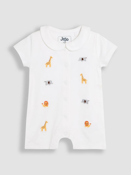 JoJo Maman Bébé White Safari Cotton Short Sleeve Embroidered Sleepsuit image 1