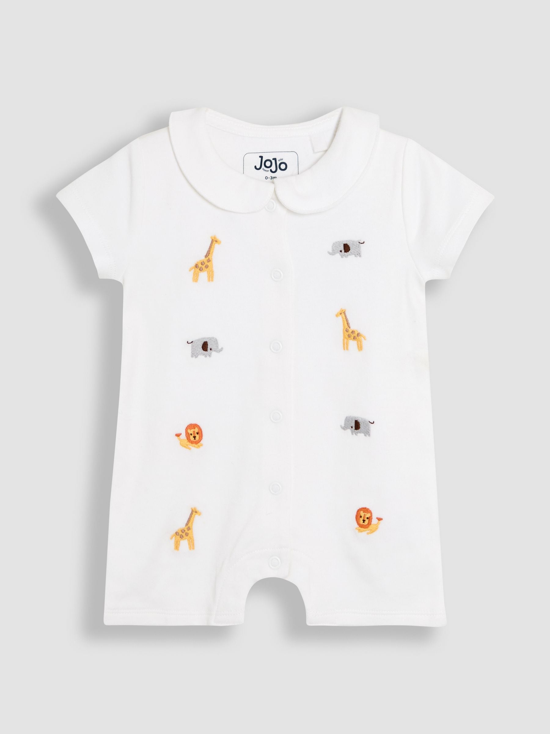 JoJo Maman Bébé White Safari Organic Cotton Short Sleeve Embroidered Sleepsuit image 1