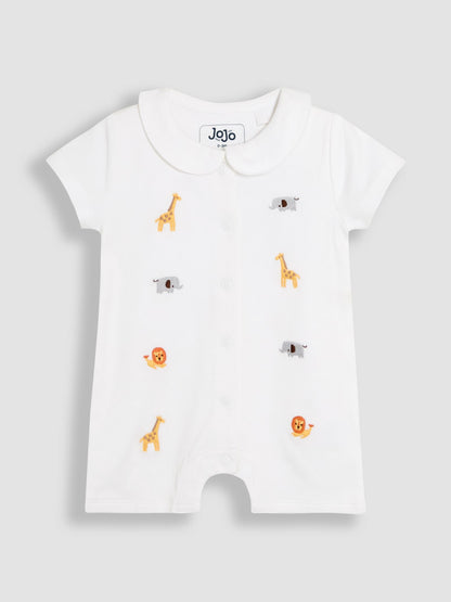 JoJo Maman Bébé White Safari Organic Cotton Short Sleeve Embroidered Sleepsuit image 1