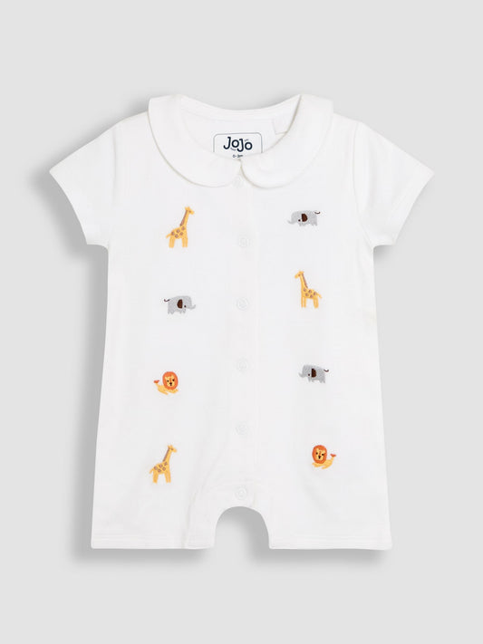 JoJo Maman Bébé White Safari Organic Cotton Short Sleeve Embroidered Sleepsuit image 1