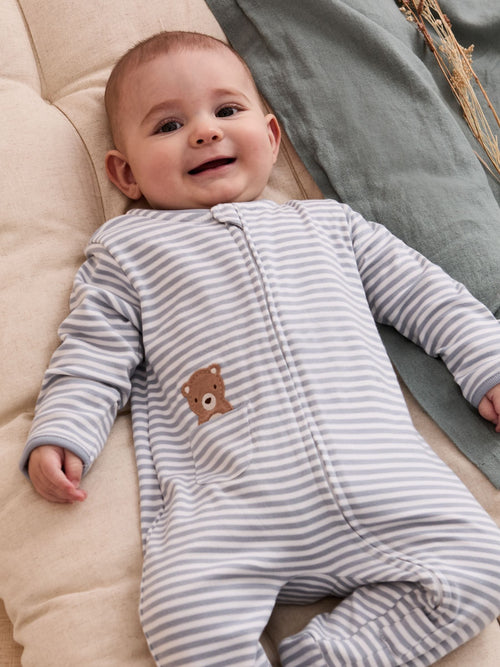 JoJo Maman Bébé Blue Bear Cotton Embroidered Sleepsuit image 1