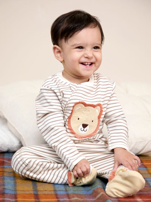 JoJo Maman Bébé Ecru Lion Cotton Footed Stripe Appliqué Zip Sleepsuit image 1
