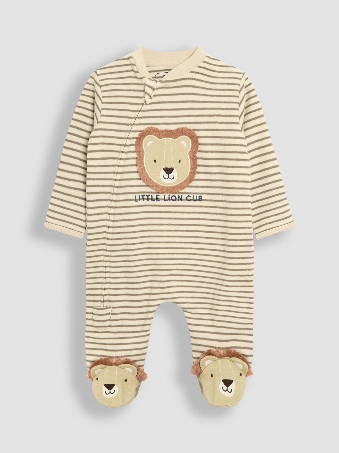 JoJo Maman Bébé Ecru Lion Cotton Footed Stripe Appliqué Zip Sleepsuit image 3