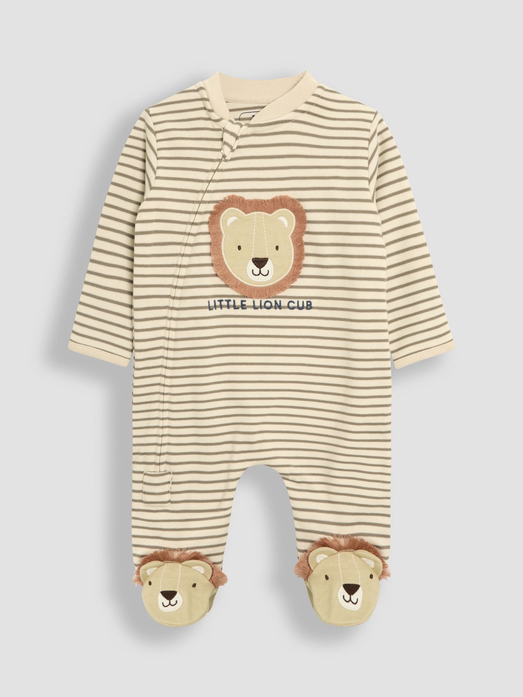 JoJo Maman Bébé Ecru Lion Cotton Footed Stripe Appliqué Zip Sleepsuit image 3