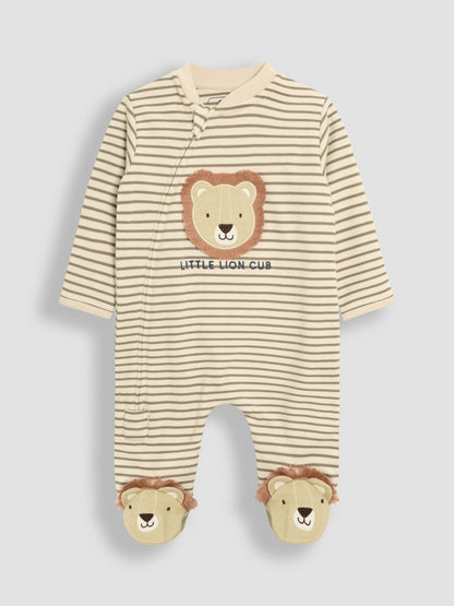 JoJo Maman Bébé Ecru Lion Cotton Footed Stripe Appliqué Zip Sleepsuit image 3