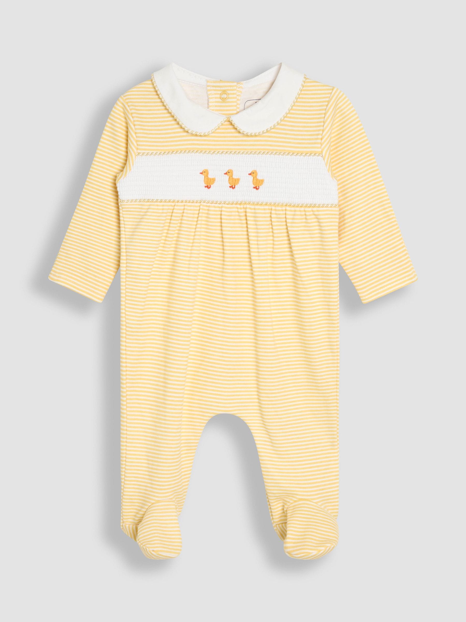 JoJo Maman Bébé Yellow Duck Cotton Footed Smocked Embroidered Sleepsuit image 1