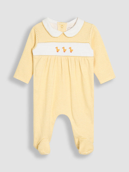 JoJo Maman Bébé Yellow Duck Cotton Footed Smocked Embroidered Sleepsuit image 1