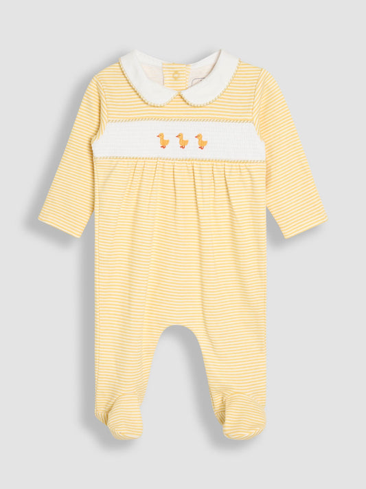 JoJo Maman Bébé Yellow Duck Cotton Footed Smocked Embroidered Sleepsuit image 1