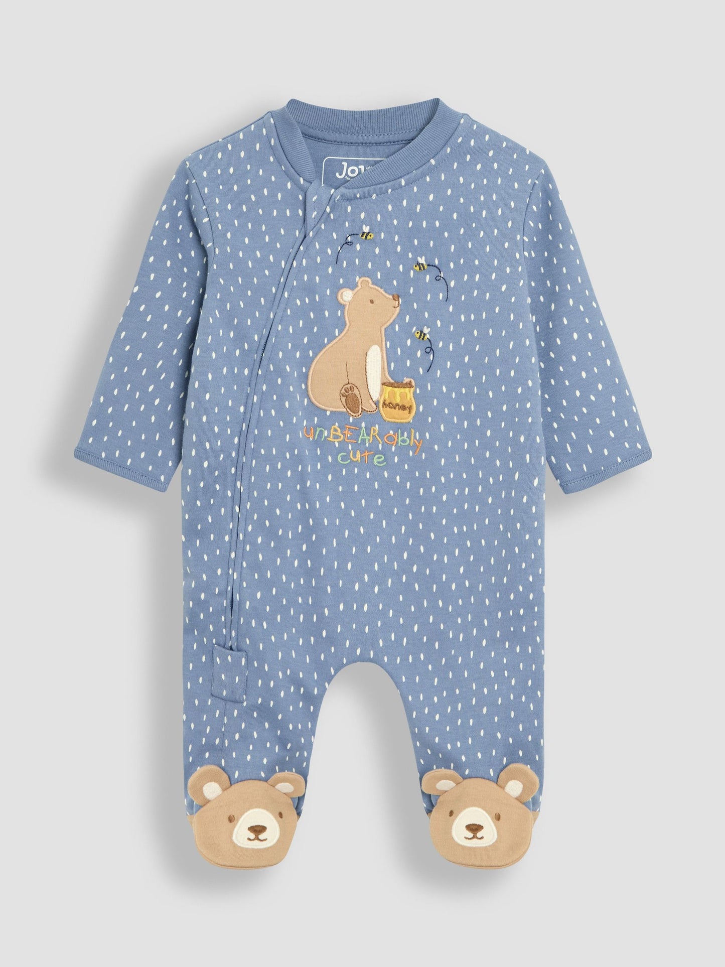 JoJo Maman Bébé Blue Bear Cotton Footed Stripe Appliqué Zip Sleepsuit image 1