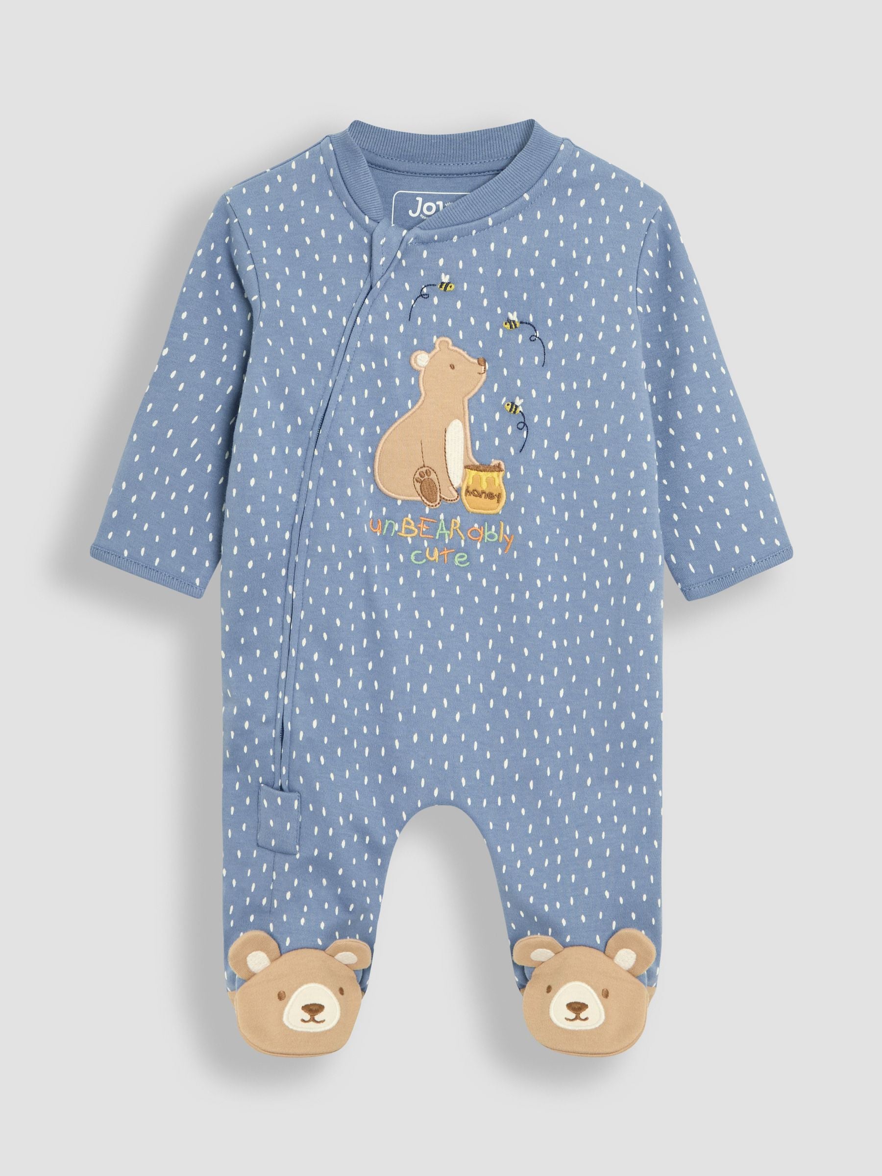 JoJo Maman Bébé Blue Bear Cotton Footed Stripe Appliqué Zip Sleepsuit image 1