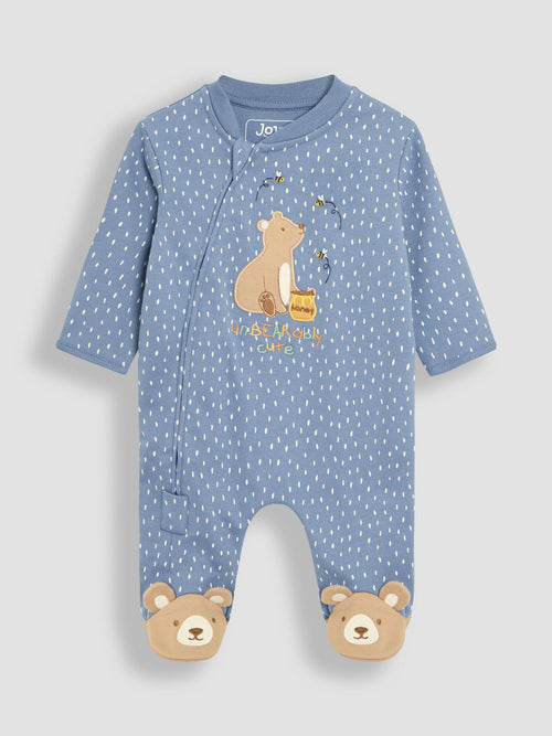 JoJo Maman Bébé Blue Bear Cotton Footed Stripe Appliqué Zip Sleepsuit image 1