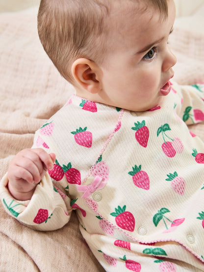 JoJo Maman Bébé Cream Strawberry Footed Cross-Over Sleepsuit image 2