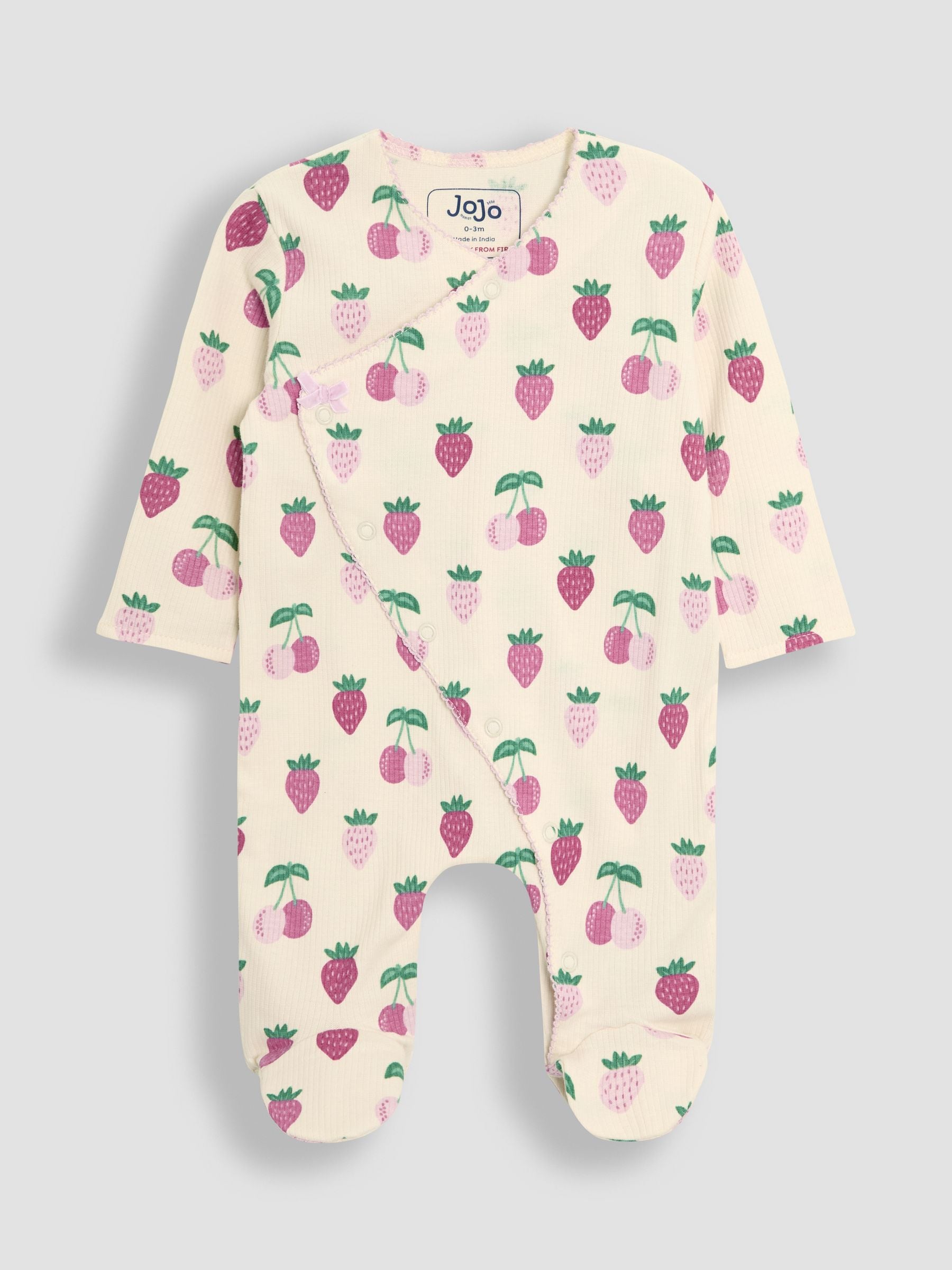 JoJo Maman Bébé Cream Strawberry Footed Cross-Over Sleepsuit image 3
