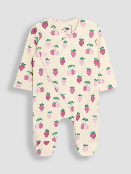JoJo Maman Bébé Cream Strawberry Footed Cross-Over Sleepsuit image 3