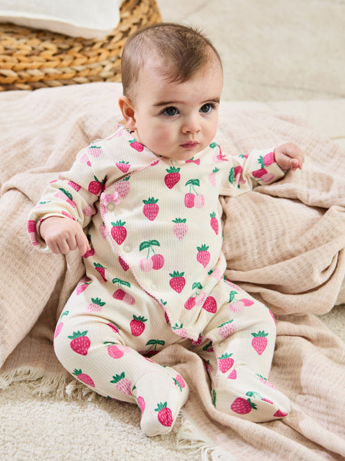 JoJo Maman Bébé Cream Strawberry Footed Cross-Over Sleepsuit image 1